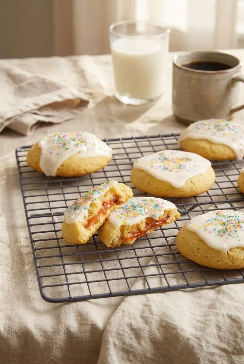 Iced strawberry pop tart cookies served on a linen table with a glass of cold milk and hot black coffee