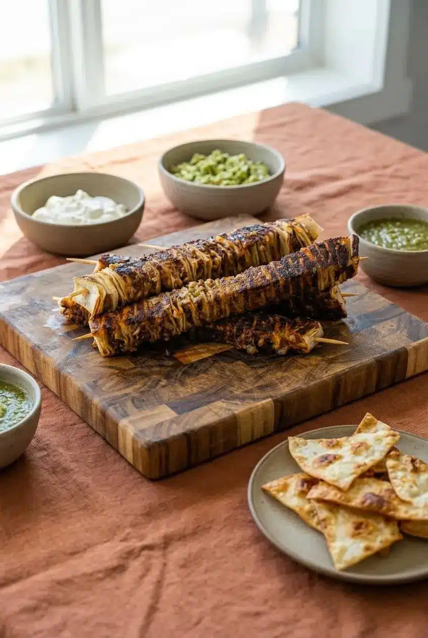Golden taco tortilla stacks served on a table with bowls of sour cream, guacamole, salsa verde, and fried tortilla strips.