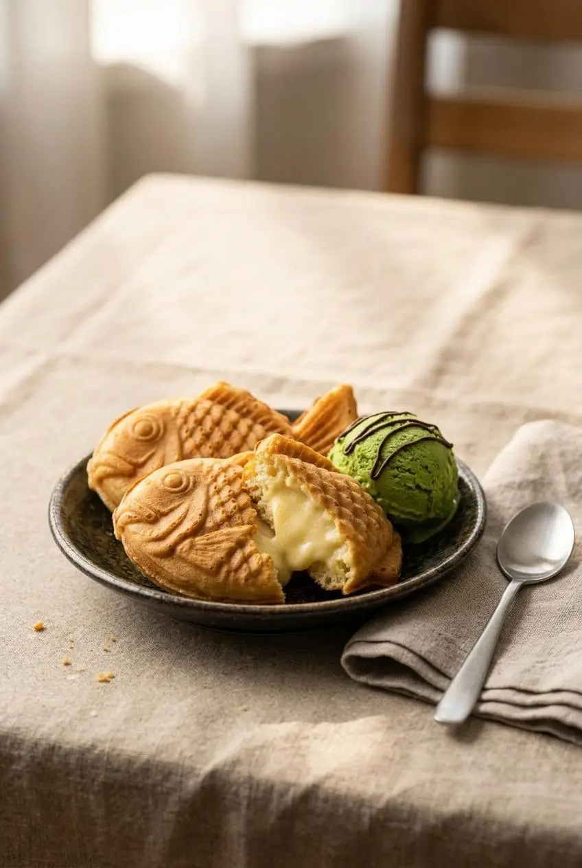 Warm golden taiyaki fish cakes served beside a scoop of green matcha ice cream with a light chocolate drizzle.