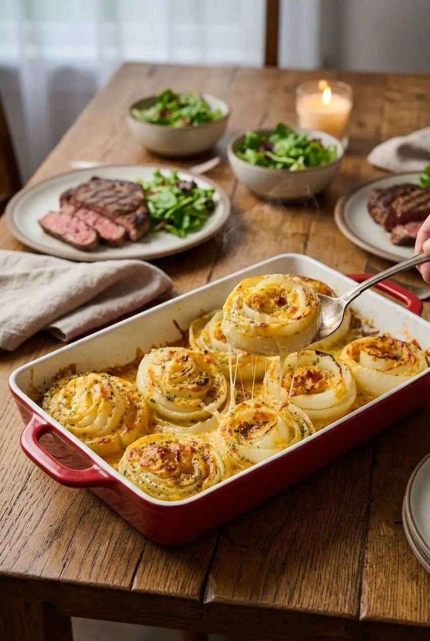 Silver spoon lifting cheesy onion rings from a baking dish beside sliced ribeye steak and salad.
