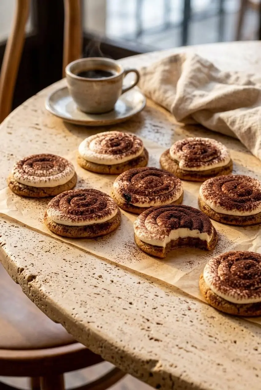 Tiramisu cookies with piped mascarpone cream and cocoa dusting served on a table beside a cup of hot black espresso