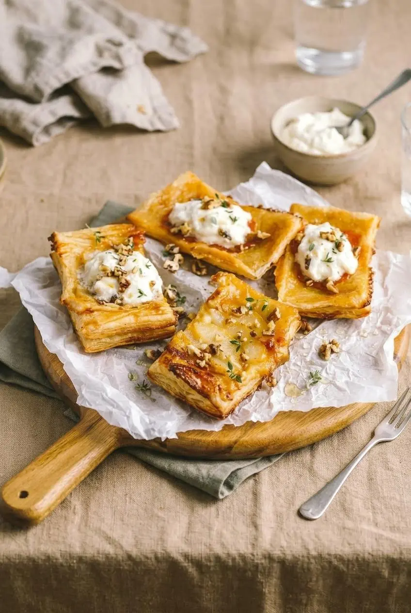 Warm upside down puff pastry tarts served with whipped cream, toasted chopped walnuts, and fresh thyme on a table