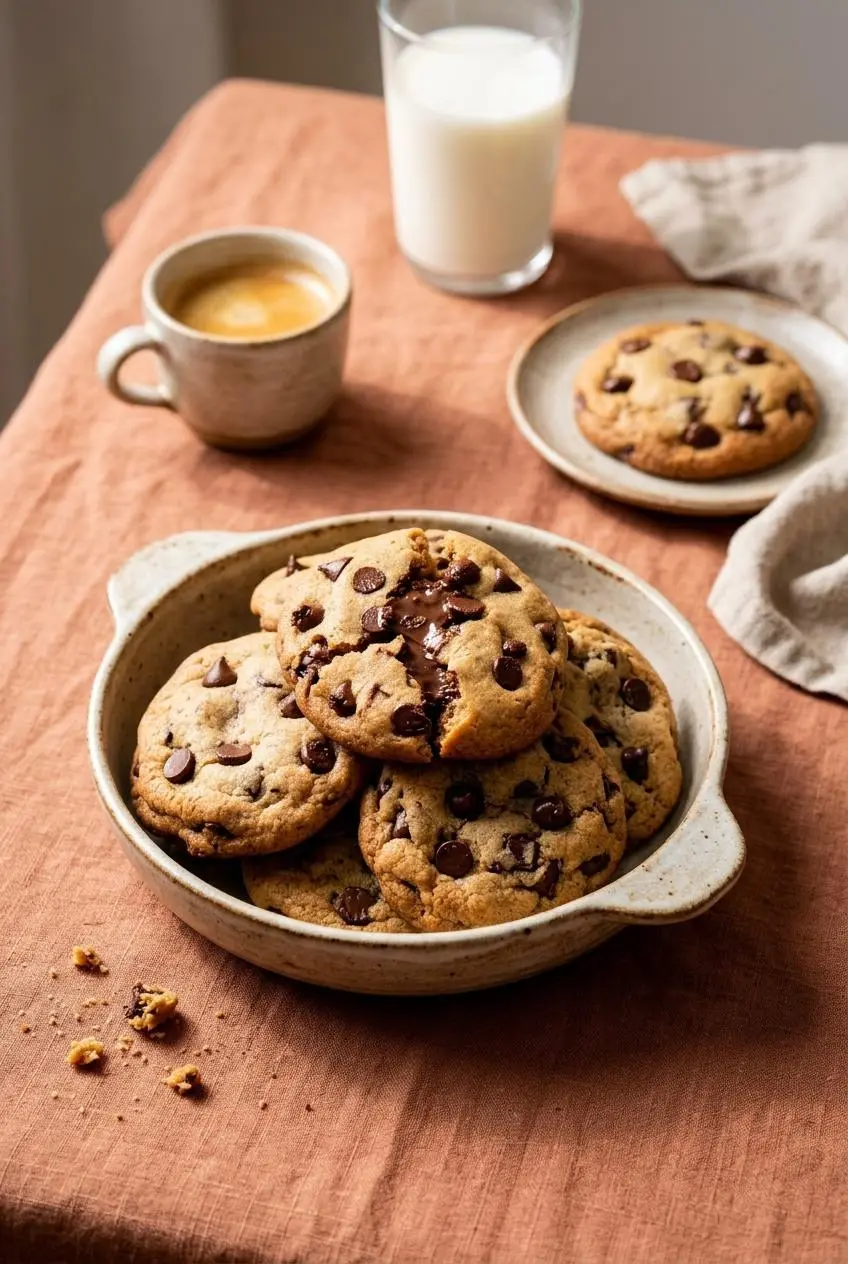Warm chocolate chip cookies with hazelnut filling served on a plate with cold milk and hot espresso in the background.