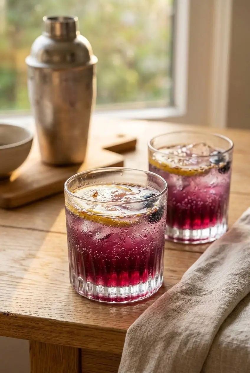 Freshly shaken lavender mocktails served over ice on a wooden table beside a chilled cocktail shaker.