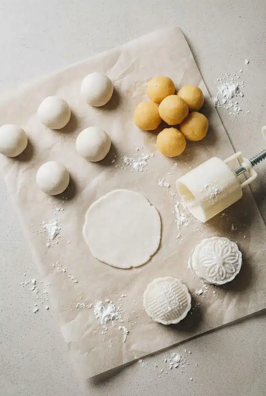Overhead view of portioned white dough balls, chilled yellow custard balls, flattened dough on parchment, and a mooncake mold