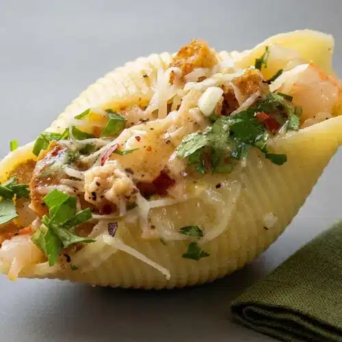 Baked shrimp scampi stuffed shells with tender pink shrimp, golden bread cubes, and glossy garlic butter sauce.