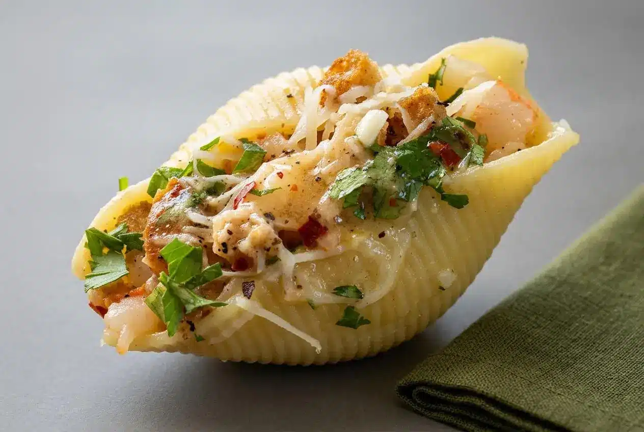 Baked shrimp scampi stuffed shells with tender pink shrimp, golden bread cubes, and glossy garlic butter sauce.