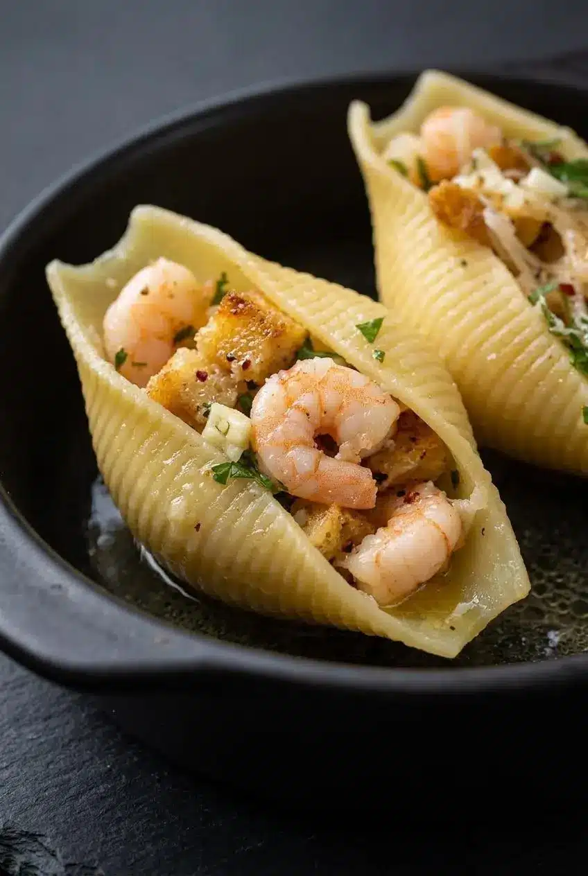 Close-up of two stuffed pasta shells showing opaque pink shrimp, golden bread cubes, and pooled garlic butter sauce.