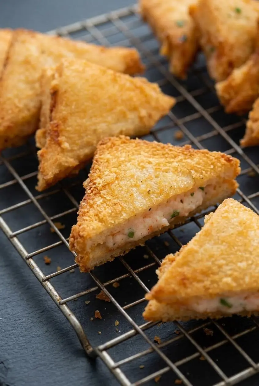 Close-up of fried shrimp toast triangles on a wire cooling rack showing a golden breadcrumb crust and opaque shrimp mousse