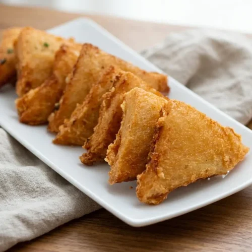 Crispy shrimp toast recipe triangles with a golden breadcrumb crust and savory scallion-flecked shrimp topping