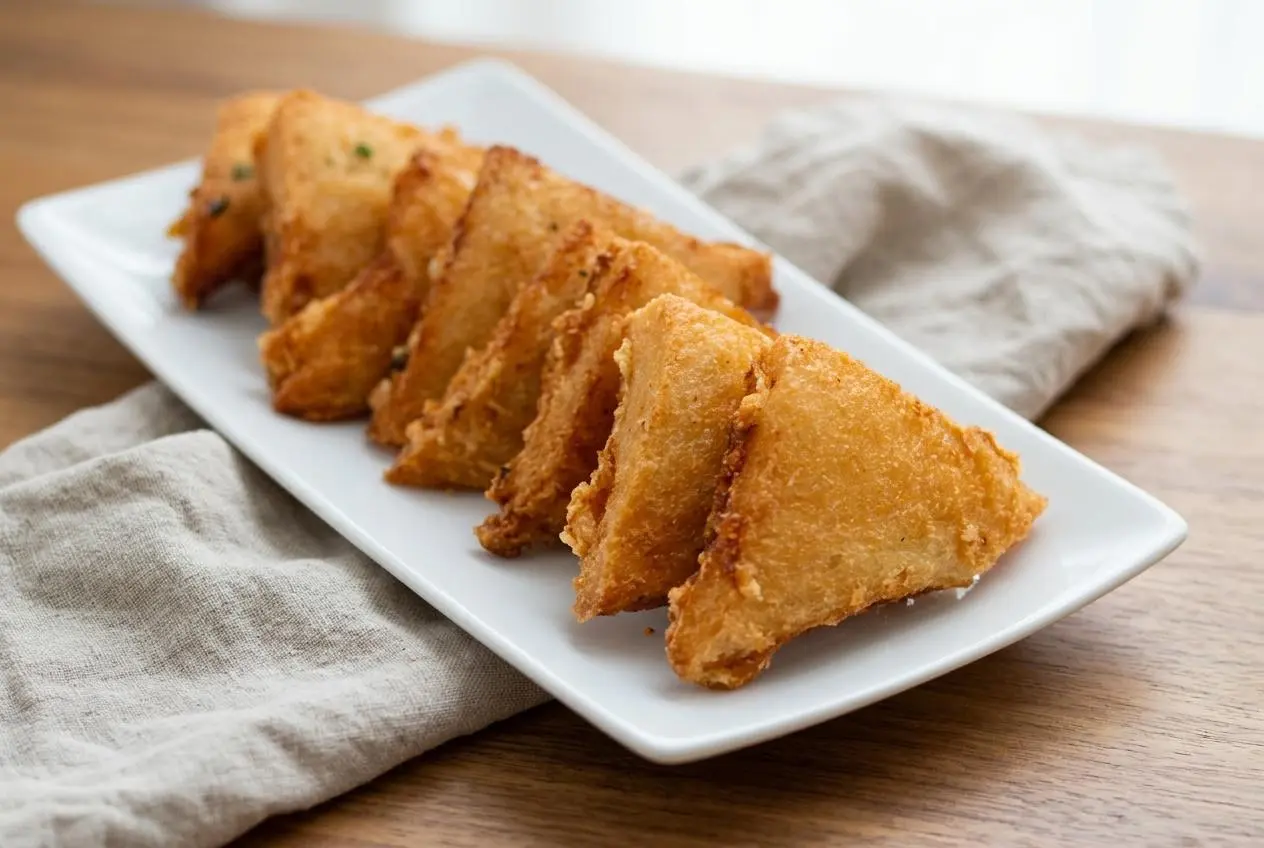 Crispy shrimp toast recipe triangles with a golden breadcrumb crust and savory scallion-flecked shrimp topping
