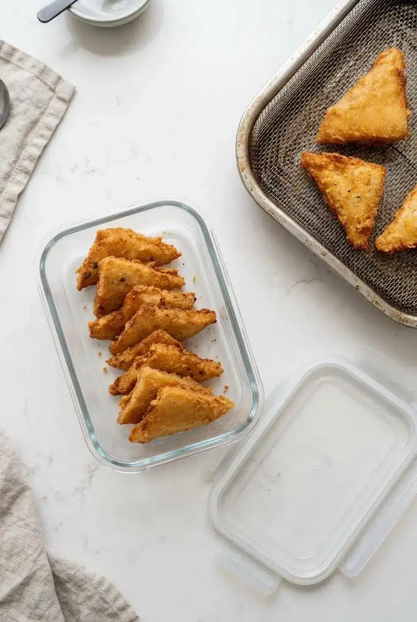 Cooled shrimp toast triangles arranged in a single layer inside a glass storage container and on a metal air fryer tray