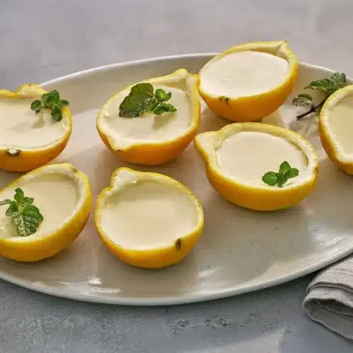 Chilled lemon posset with a silky, glossy citrus cream filling served in natural hollowed lemon halves.