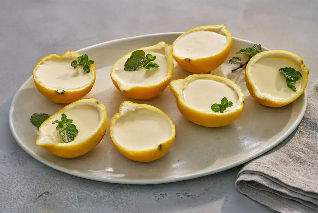 Chilled lemon posset with a silky, glossy citrus cream filling served in natural hollowed lemon halves.