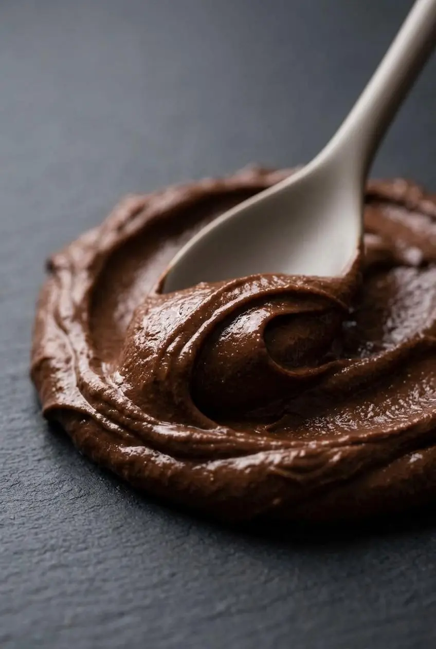 Ceramic spoon lifting a glossy ribbon of blended chocolate hummus to show smooth texture.