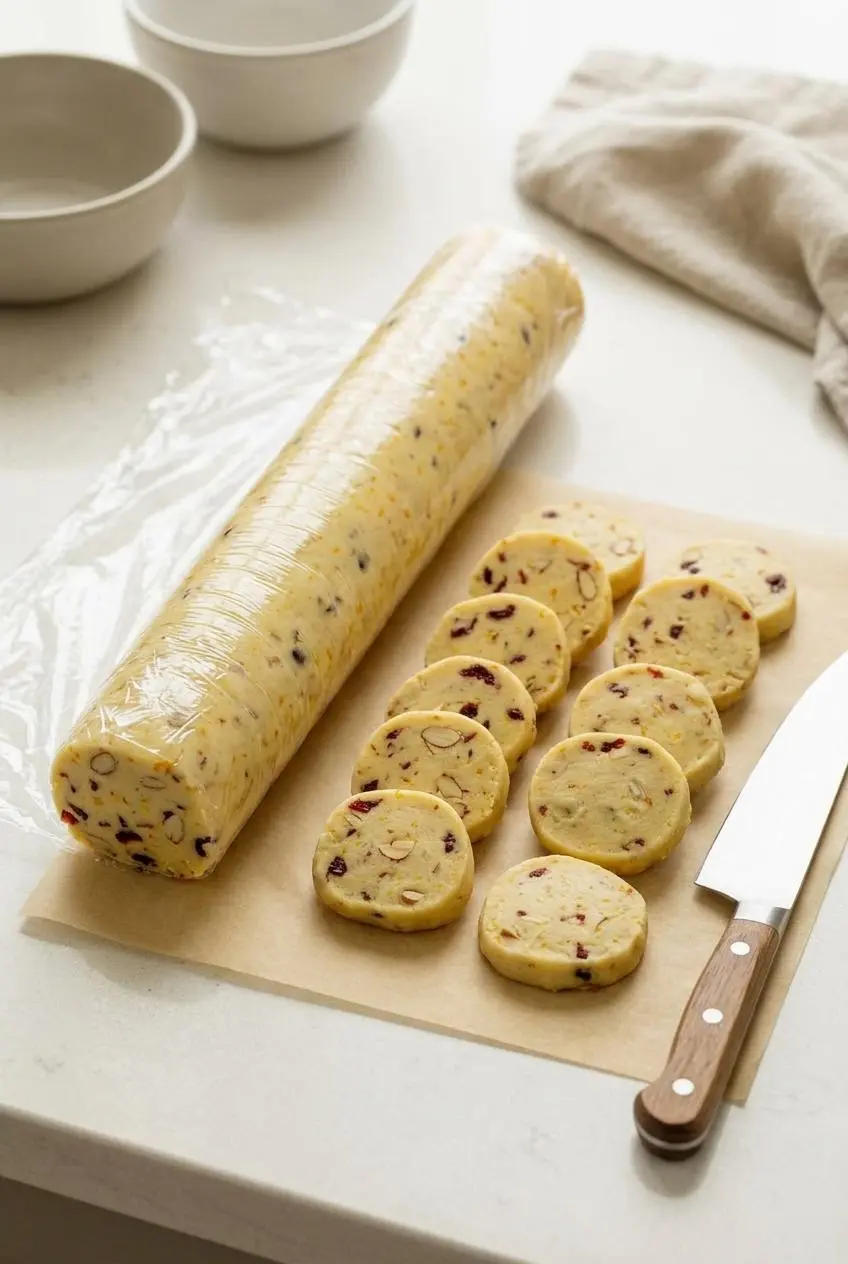 Chilled shortbread dough log sliced into clean half-inch rounds on parchment paper beside a knife.