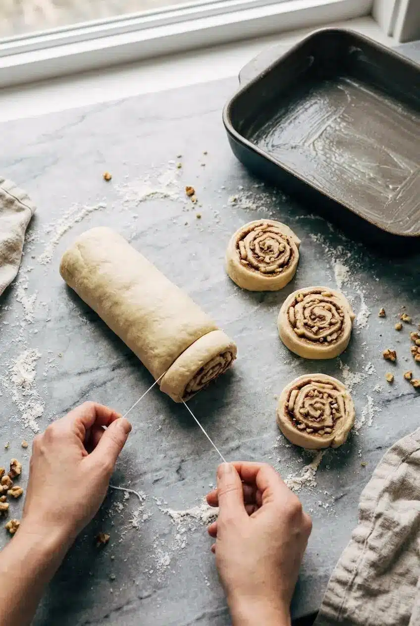 Slicing a rolled log of banana yeast dough with unflavored dental floss next to cut cinnamon walnut roll swirls