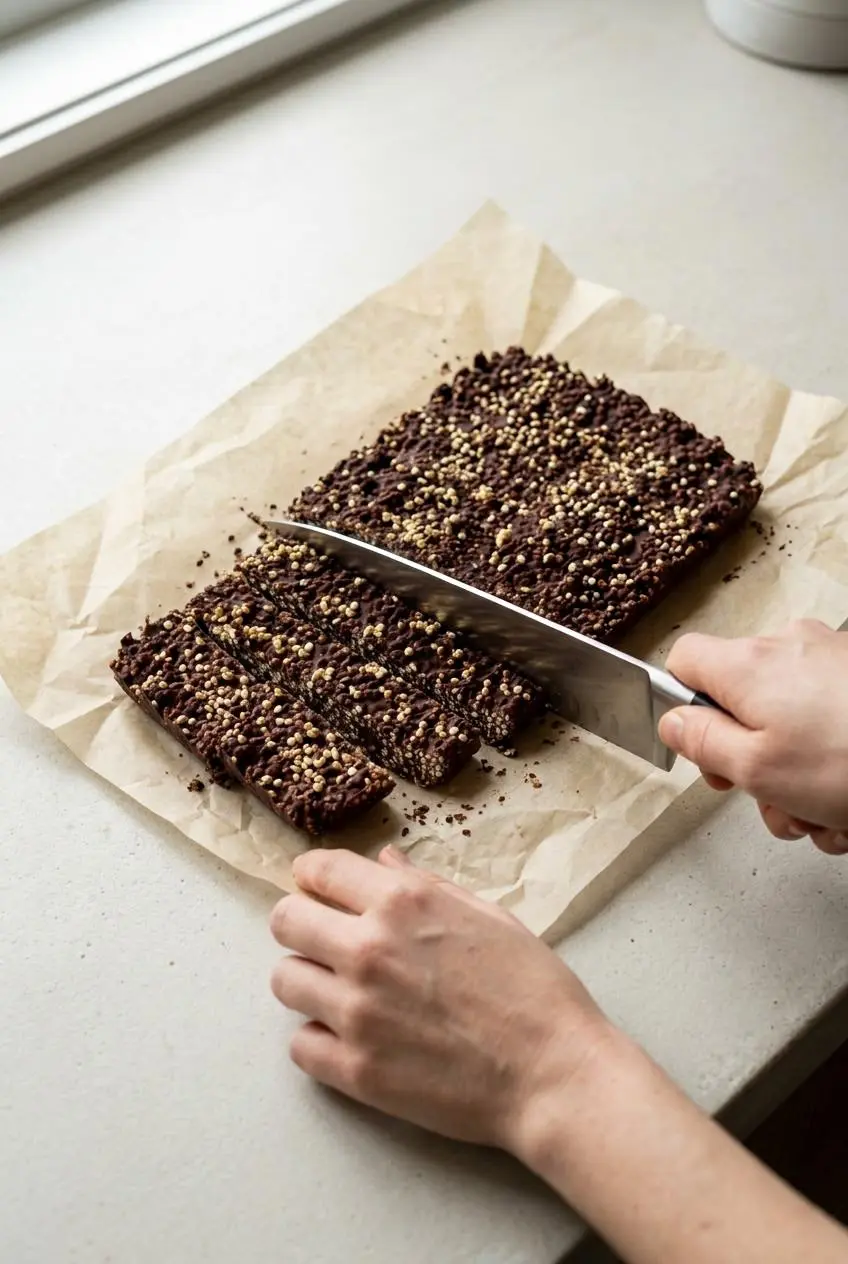 Sharp chef knife slicing a chilled chocolate quinoa slab on parchment paper into even rectangular bars.