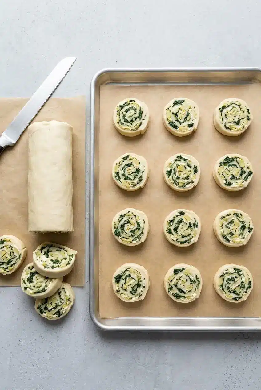 Chilled puff pastry log and sliced unbaked spinach artichoke pinwheel rounds spaced apart on a parchment-lined baking sheet.