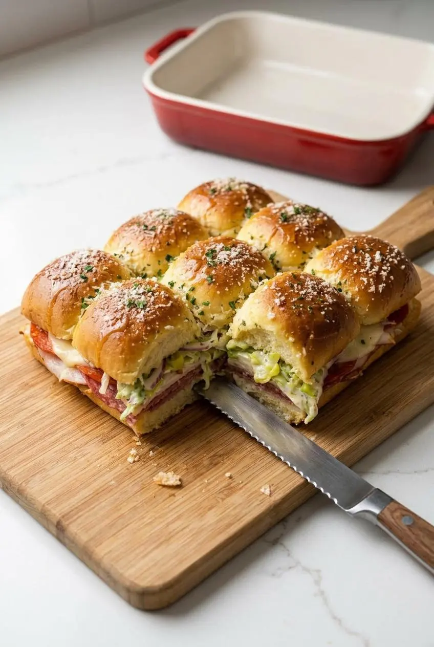 Connected slab of baked grinder sliders on a wooden cutting board with a long serrated knife slicing between the roll seams.