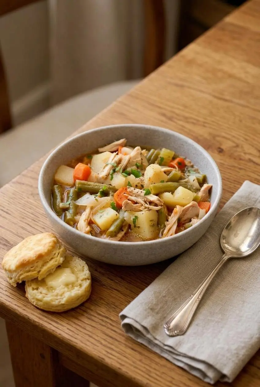 Bowl of chicken stew served alongside a flaky golden buttermilk biscuit on a rustic wooden table.