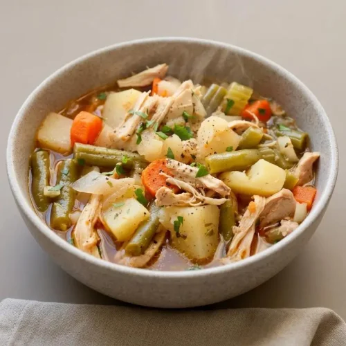 Slow cooker chicken stew with tender shredded chicken, diced potatoes, and sliced carrots in savory herb broth.