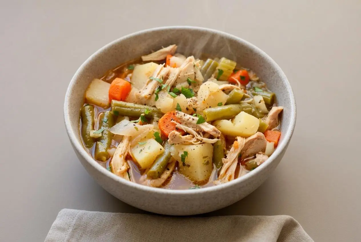 Slow cooker chicken stew with tender shredded chicken, diced potatoes, and sliced carrots in savory herb broth.