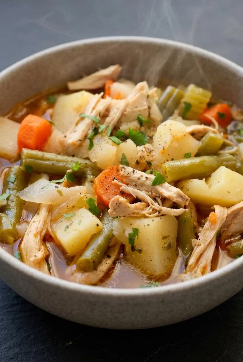 Close-up of shredded chicken, tender potatoes, and carrots in herb-seasoned broth from slow cooker chicken stew.