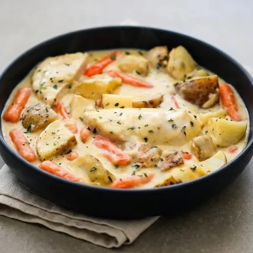 Slow Cooker Creamy Ranch Chicken breast served over tender Russet potatoes and baby carrots with velvety sauce.