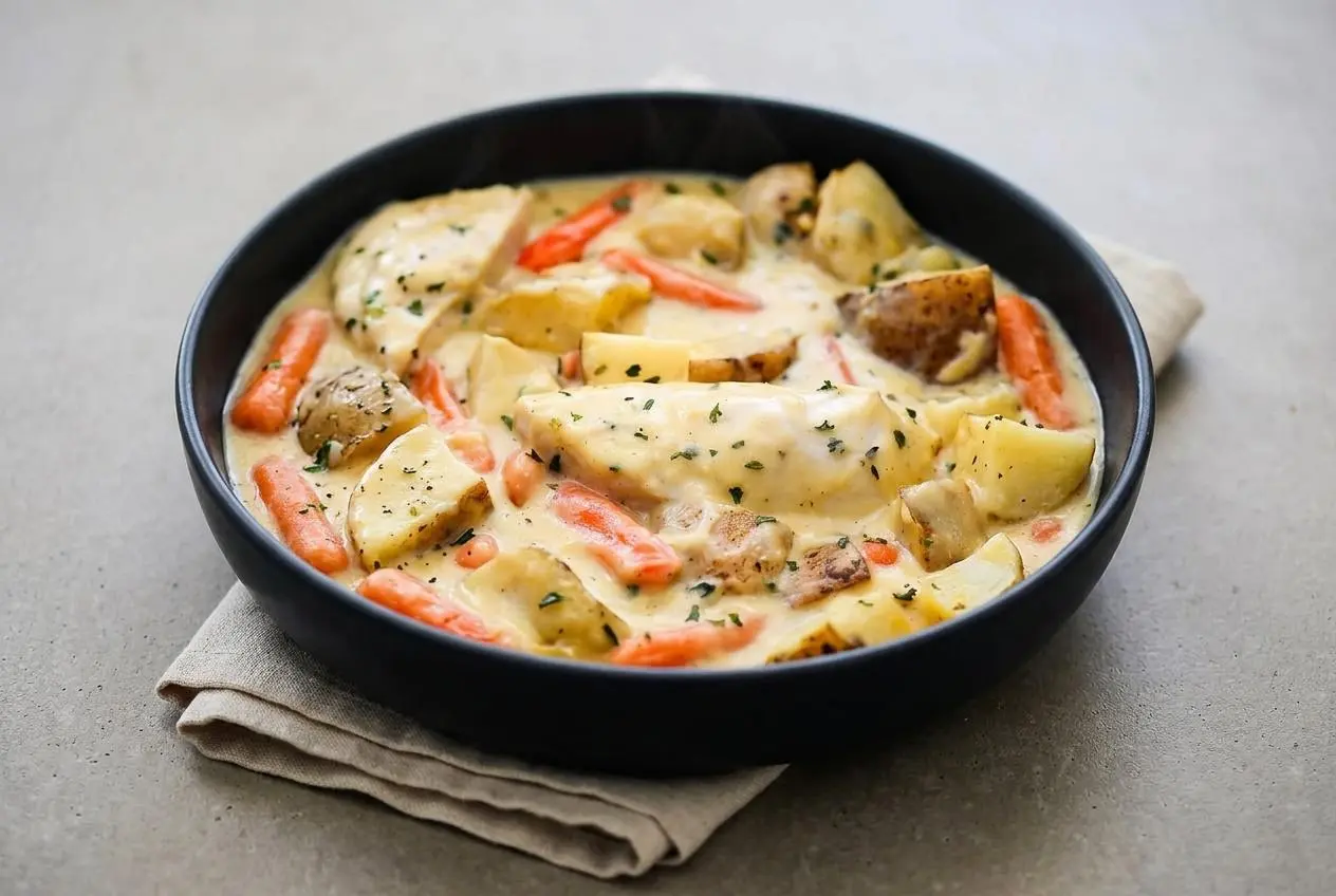 Slow Cooker Creamy Ranch Chicken breast served over tender Russet potatoes and baby carrots with velvety sauce.