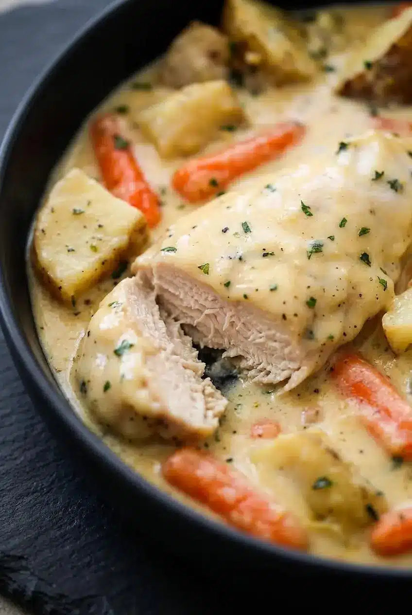 Close-up of juicy chicken pulling apart in glossy ranch cream sauce alongside tender potato and carrot pieces.