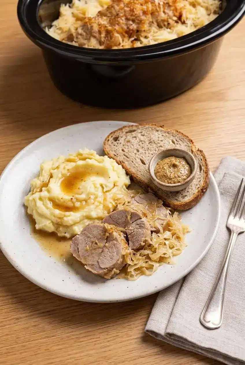 Plated slow cooker pork and sauerkraut with mashed Yukon Gold potatoes, rye bread, and coarse mustard.