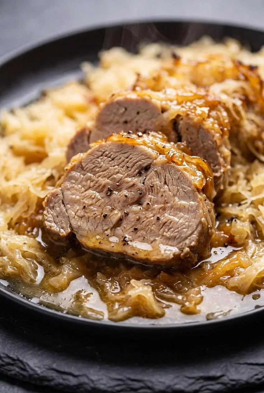 Close-up of tender slow-cooked pork slices resting in glossy butter and sauerkraut braising liquid.