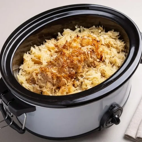 Slow cooker pork and sauerkraut with tender sliced medallions resting in glossy braising juices.