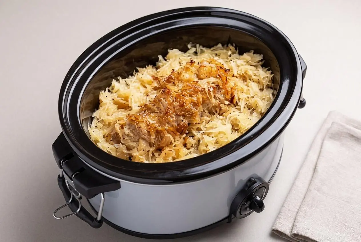 Slow cooker pork and sauerkraut with tender sliced medallions resting in glossy braising juices.