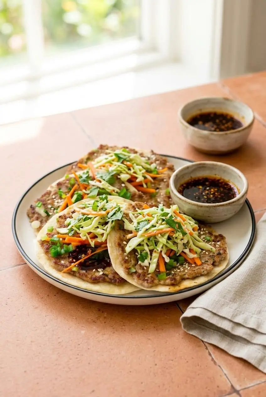 Crispy pork dumpling tacos topped with creamy sesame cabbage slaw served beside a bowl of soy chili crisp dipping sauce