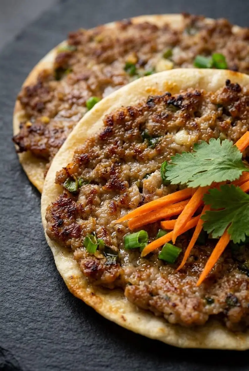Close-up of two smash dumpling tacos showing thin caramelized pork edges, toasted tortillas, and fresh slaw on dark slate