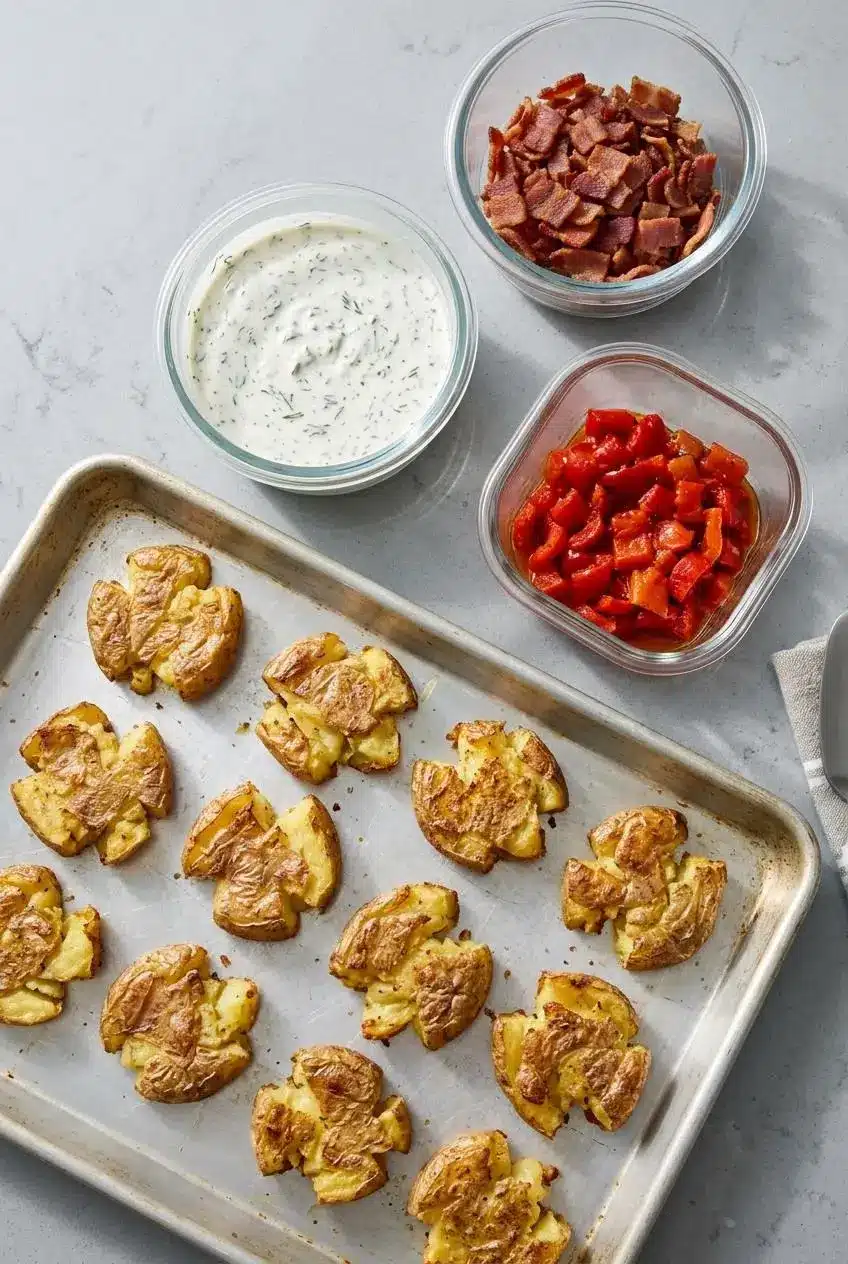 Sheet pan of roasted smashed potatoes next to glass containers of creamy herb dressing, chopped bacon, and red peppers