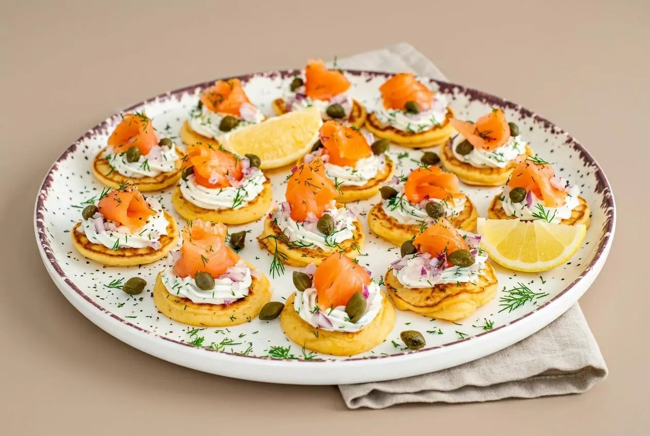 Smoked Salmon Blini with golden mini pancakes topped with cool herbed crème fraîche, salmon ribbons, and fresh dill.