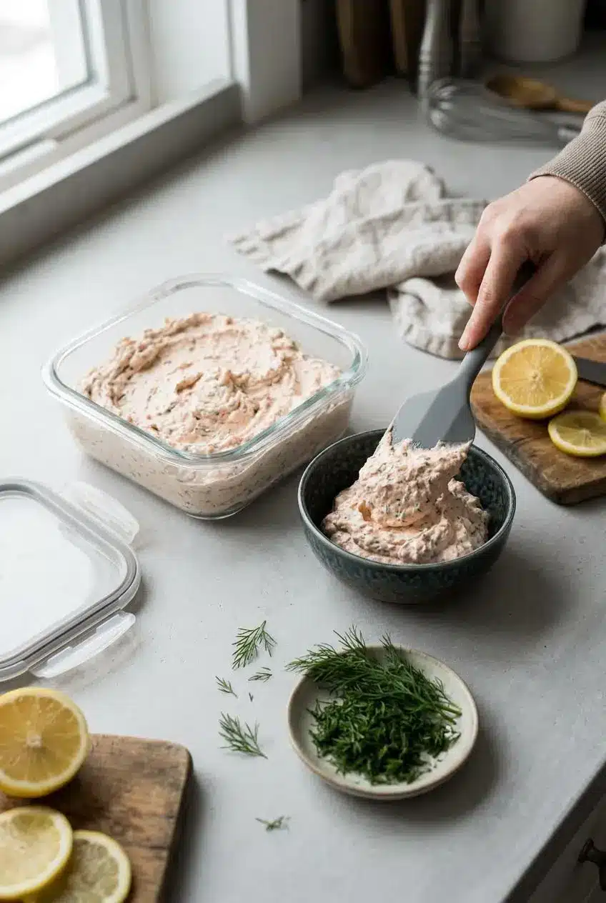 Glass airtight storage container of smoked salmon dip being spooned into a smaller serving bowl with fresh dill nearby.
