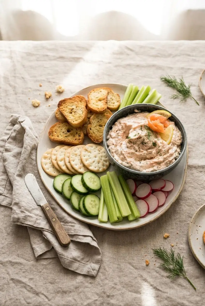 Appetizer platter of smoked salmon dip surrounded by toasted baguette crostini, water crackers, cucumber, celery, and radishes.