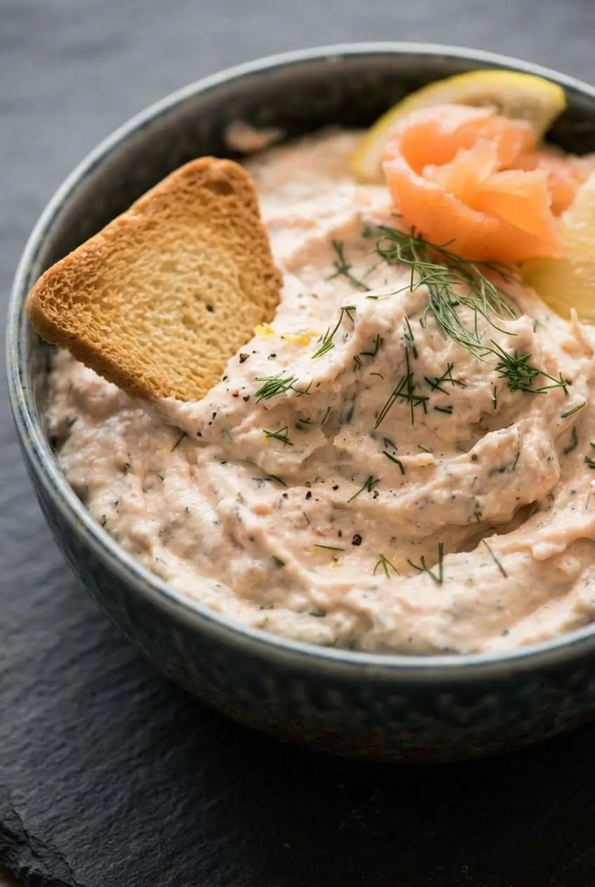 Close-up of melba toast scooping pale pink salmon dip with visible fish flakes, dill, and lemon zest.