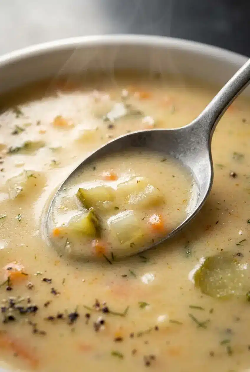 Spoon lifting velvety dill pickle soup with tender potato cubes, carrots, and diced pickles.