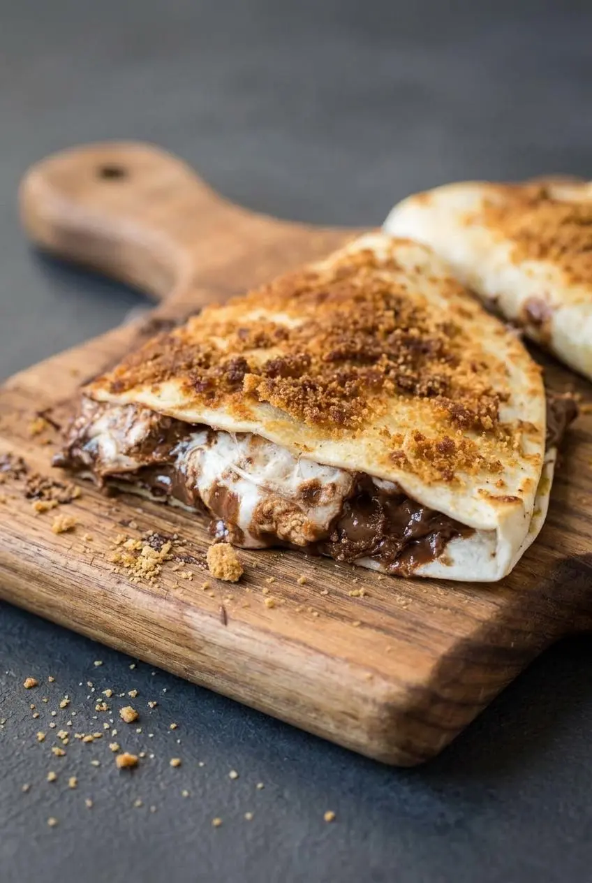 Close-up of sliced s’mores quesadilla wedges showing a caramelized brown sugar graham crust and oozing chocolate marshmallow.