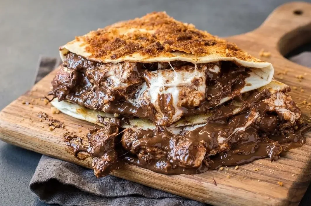 Warm s’mores quesadillas sliced into wedges with a golden graham cracker crust, melted chocolate, and gooey marshmallows.