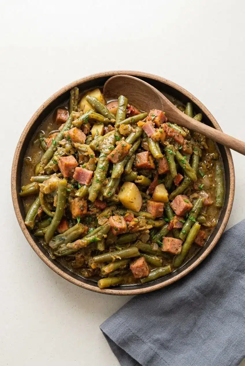 Overhead view of smothered green beans simmering with cubed red potatoes, bacon, and smoked ham.