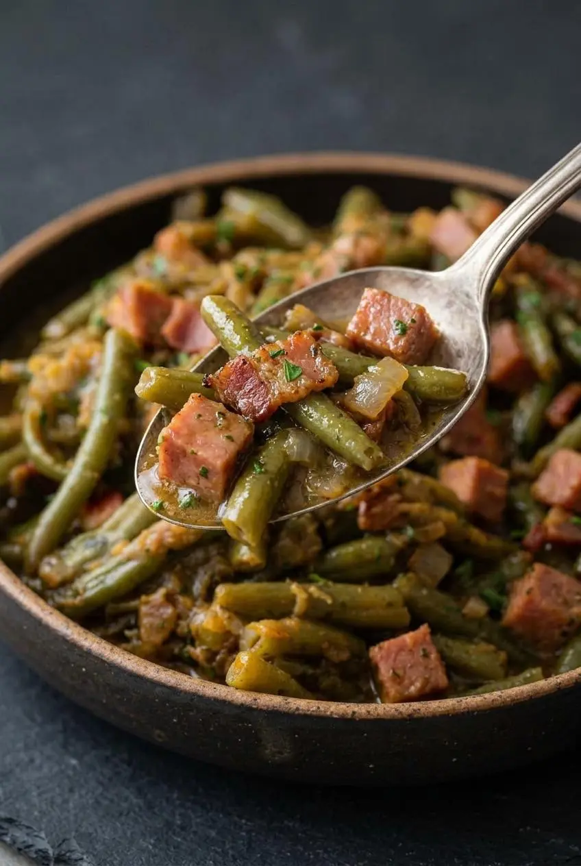 Close-up of a silver spoon lifting tender smothered green beans, bacon, and cubed ham in glossy gravy.