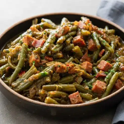 Tender smothered green beans with chopped bacon, cubed smoked ham, and velvety onion gravy in a pot.