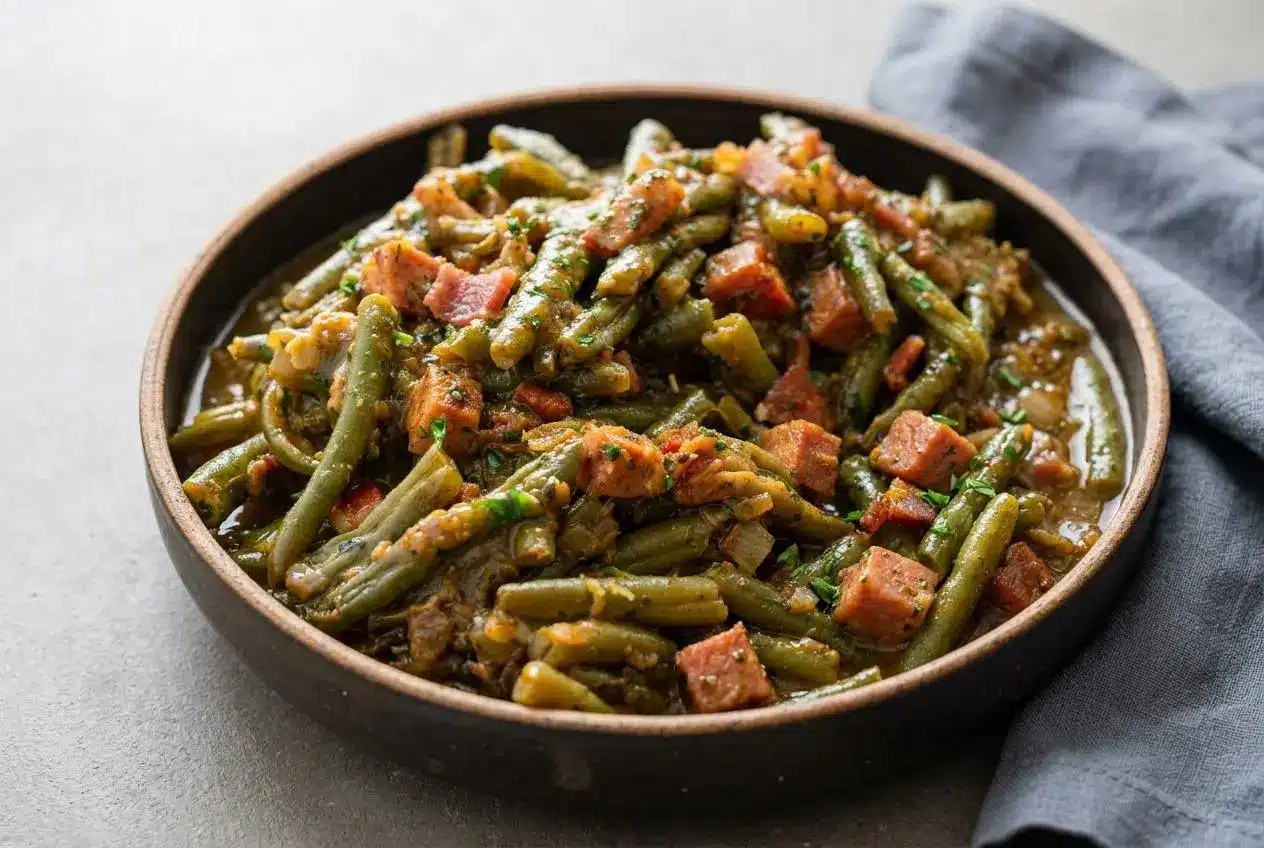 Tender smothered green beans with chopped bacon, cubed smoked ham, and velvety onion gravy in a pot.