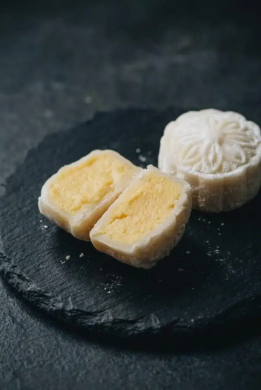 Close-up of a sliced snow skin mooncake showing an even white wrapper, crisp stamped top, and firm custard center